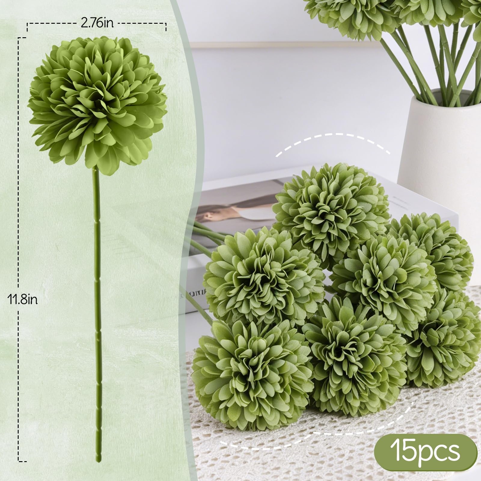 15 Pcs Artificial Chrysanthemums Flowers Green Flowers Silk Flowers Fake Mums…