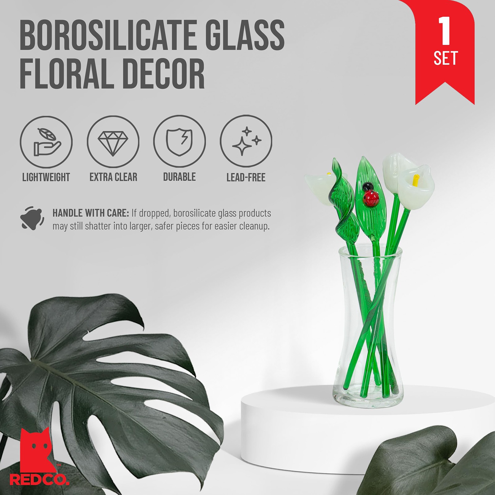 Decorative Glass Flower Bouquet with Vase, Gift Boxed – White Calla Lilies