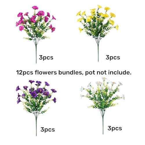 HyeFlora Artificial Flowers Multi Color(3 Purple, 3 Fuchsia, 3 White, 3 Yellow)