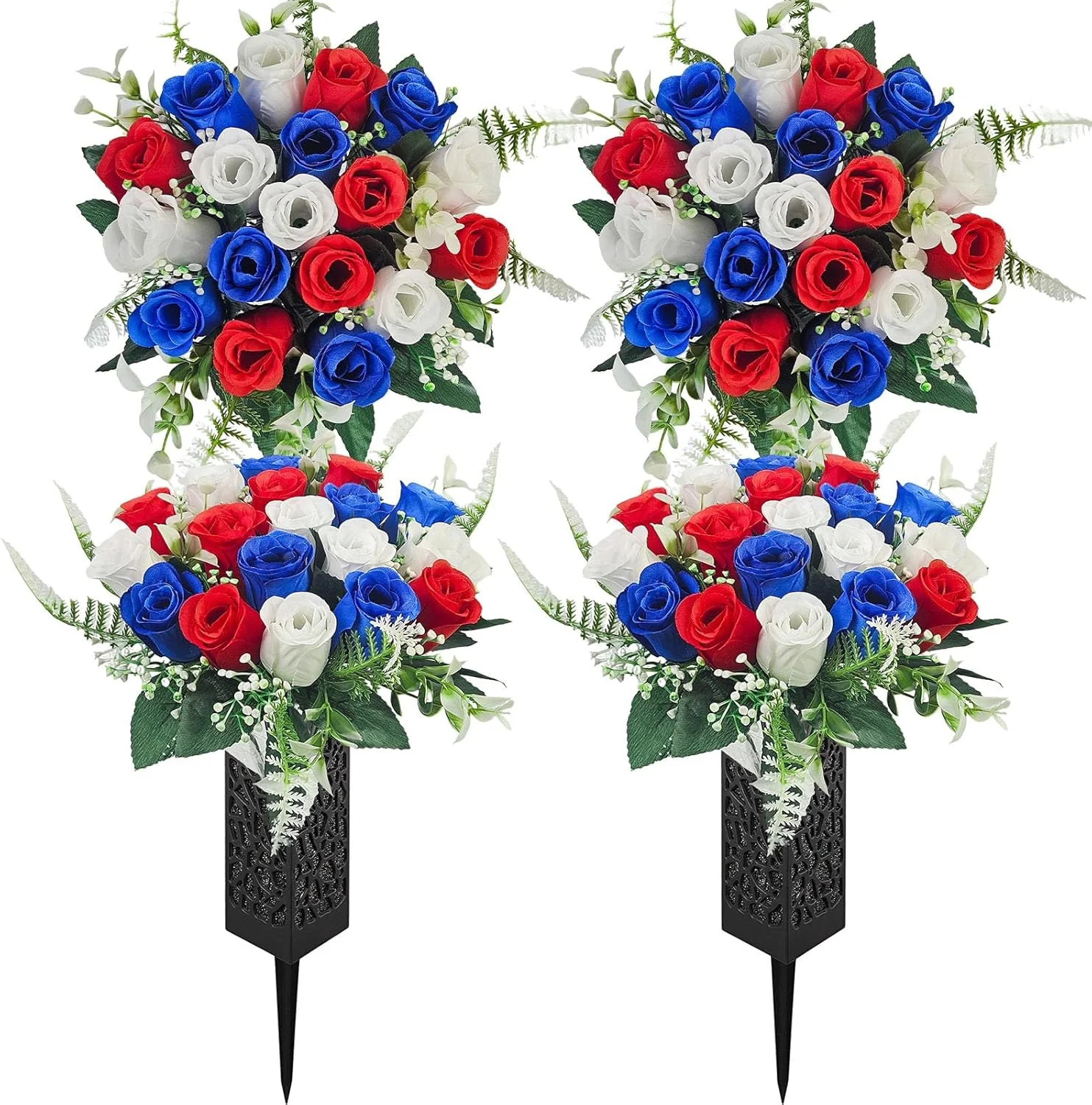 2-Pack Cemetery Flowers for Grave with Spiked Vases, 18-Stem Artificial Red & Bl