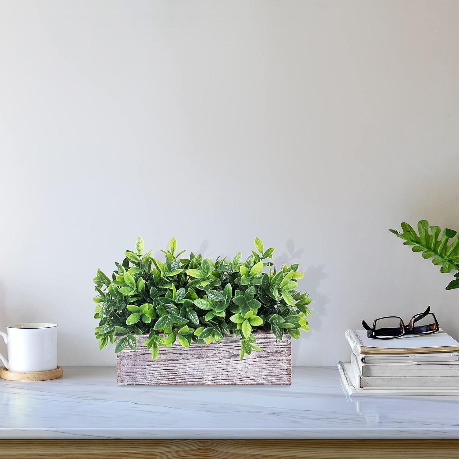 Artificial Eucalyptus Plant in Rustic Rectangular Wooden Planter Box Faux Potted