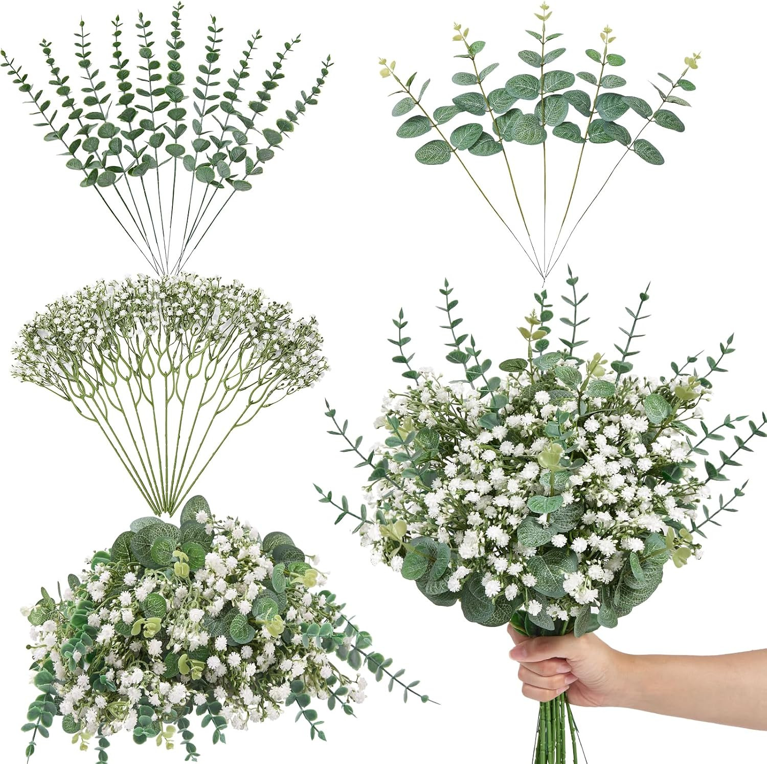 100 Pcs Mixed Artificial Eucalyptus Stems,Babys Breath Artificial Flowers Bulk w