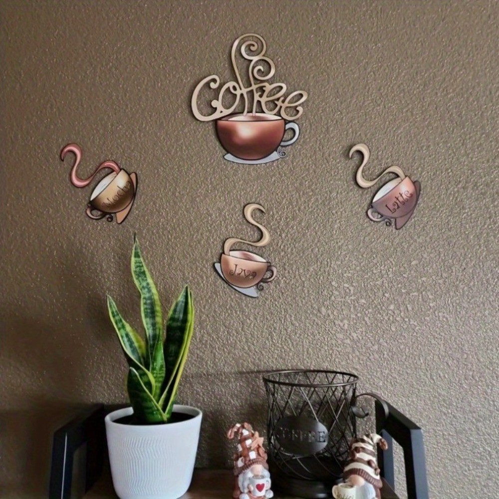 4Pc Reusable Retro Coffee Mug Wall Art Peel & Stick Metal Decor Set