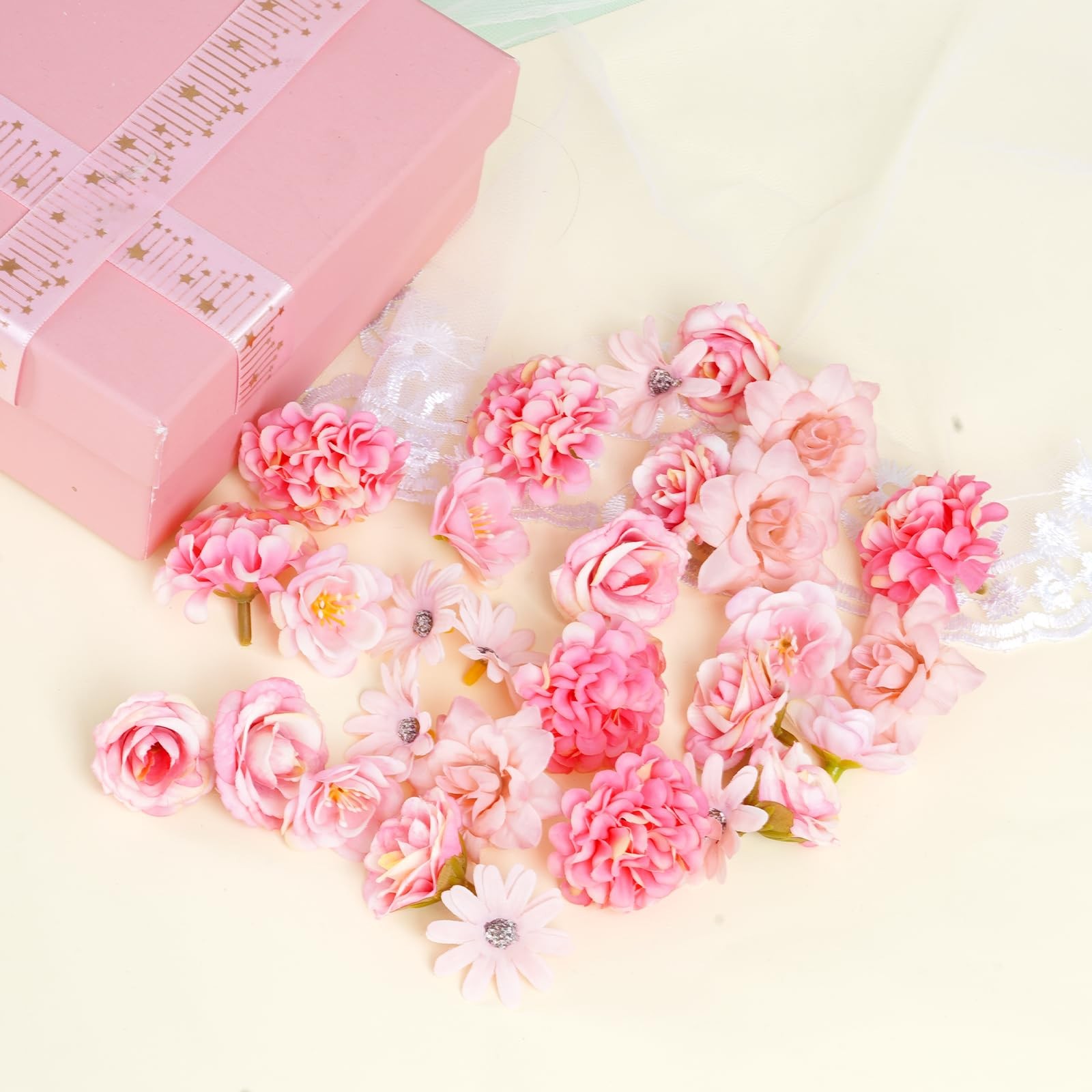 50 PCS Faux Artificial Small Flower Heads DIY Craft Wedding Cake Decor Pink