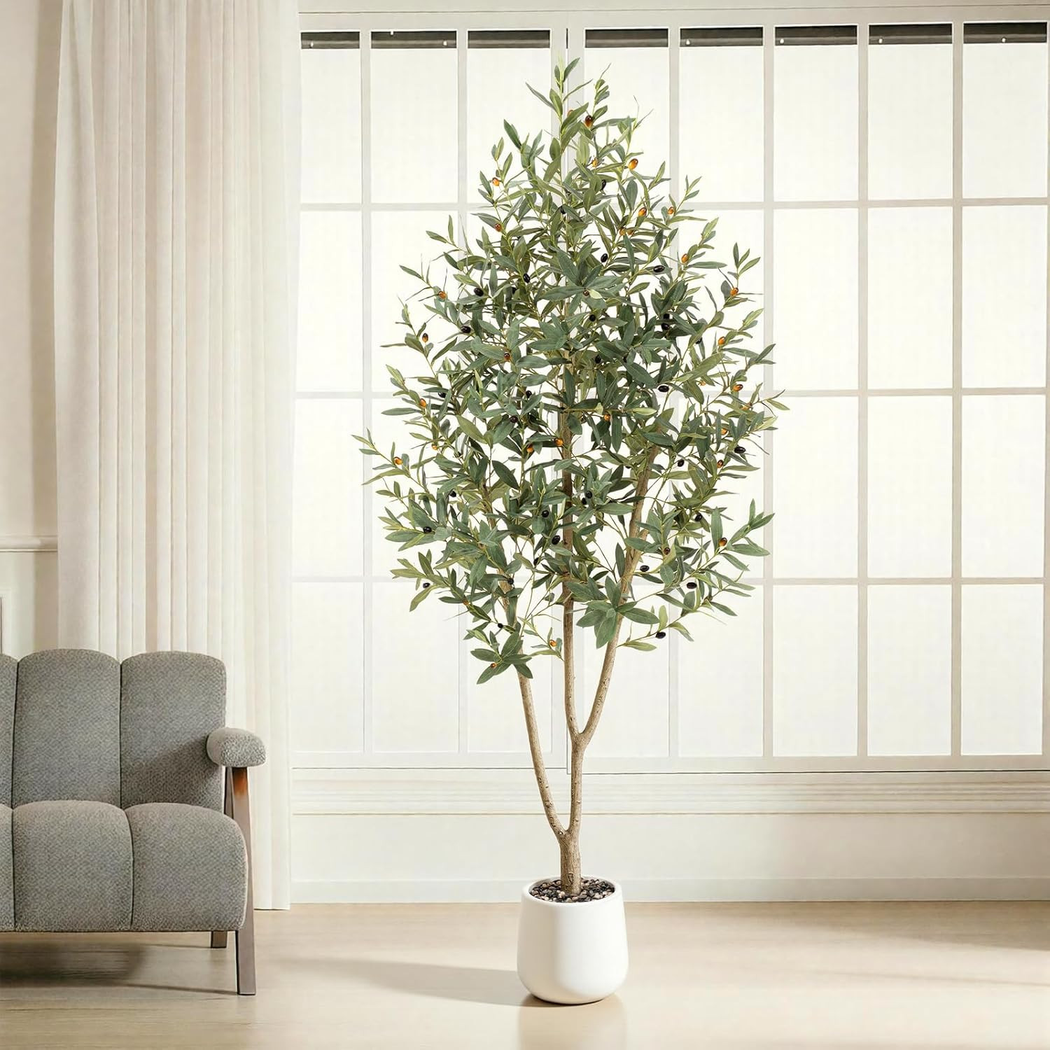 7FT Lifelike Olive Tree with White Planter for Home & Office Decor