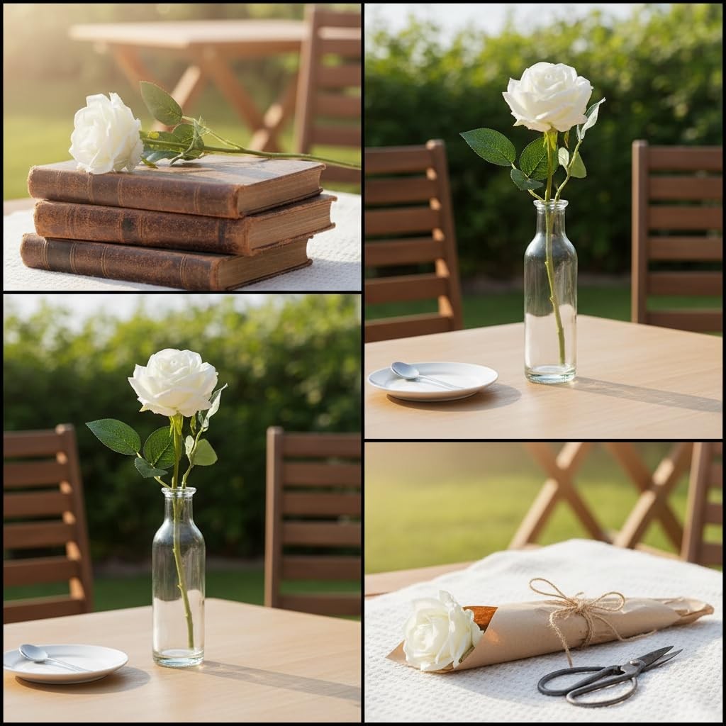 1Pc White Artificial Silk Roses Long Single Stem Artificial Roses for Home De…