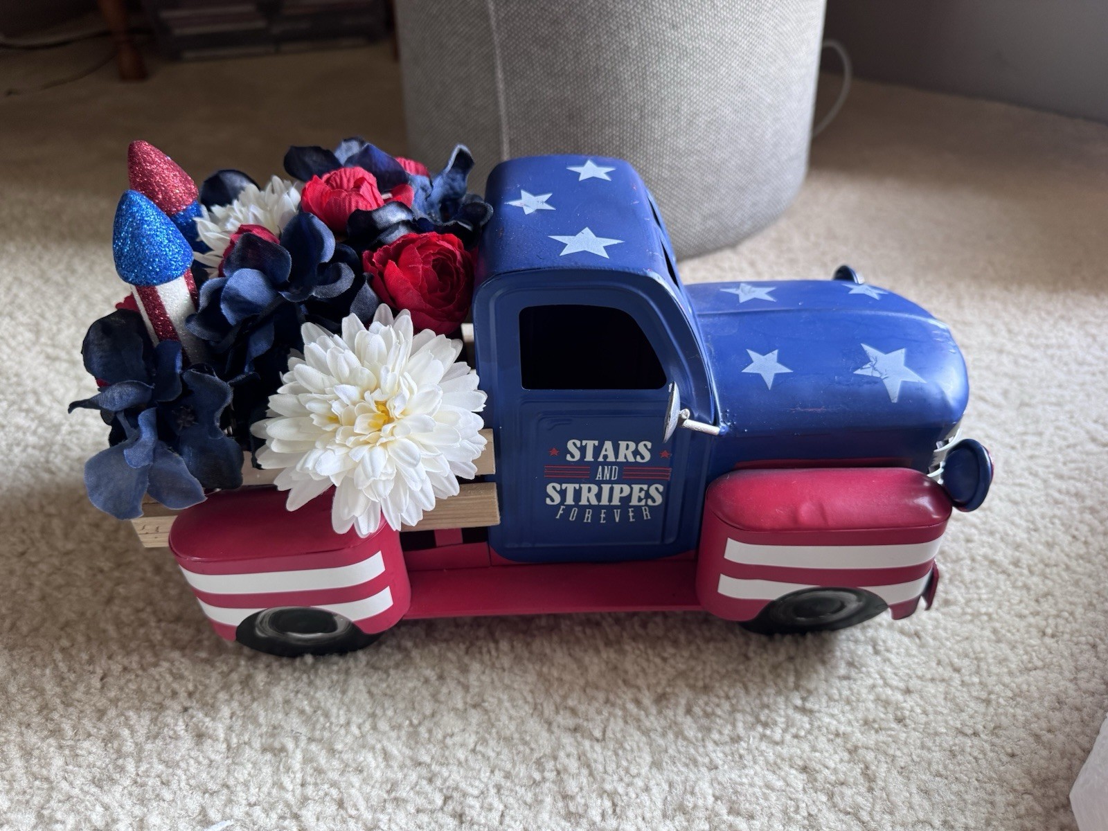 Patriotic Metal Pickup Truck Artificial Floral Centerpiece w/ Hydrangea Rose
