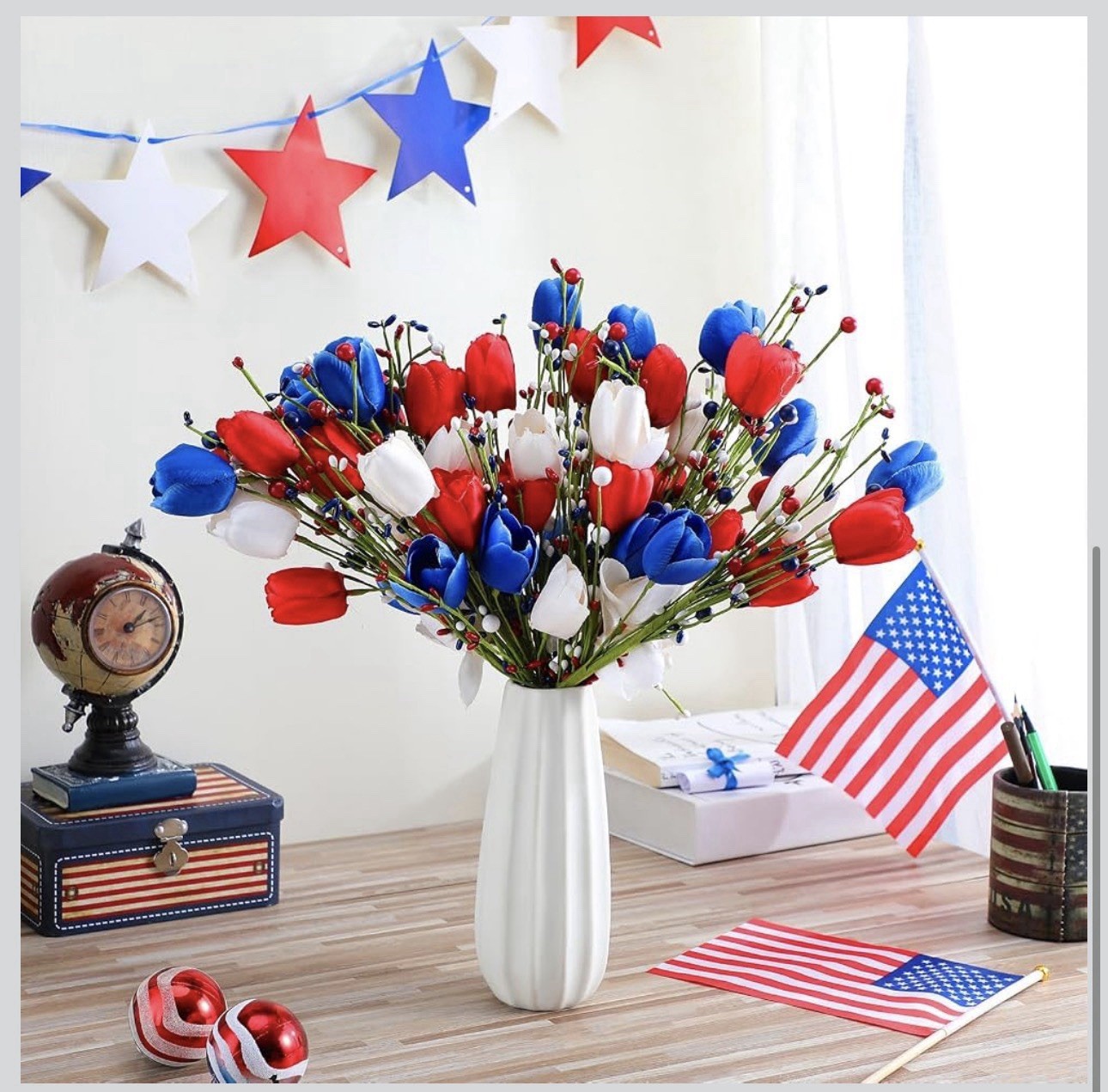 10 Pcs Patriotic Artificial Flowers Memorial Tulips Bouquet Fake Red White an…