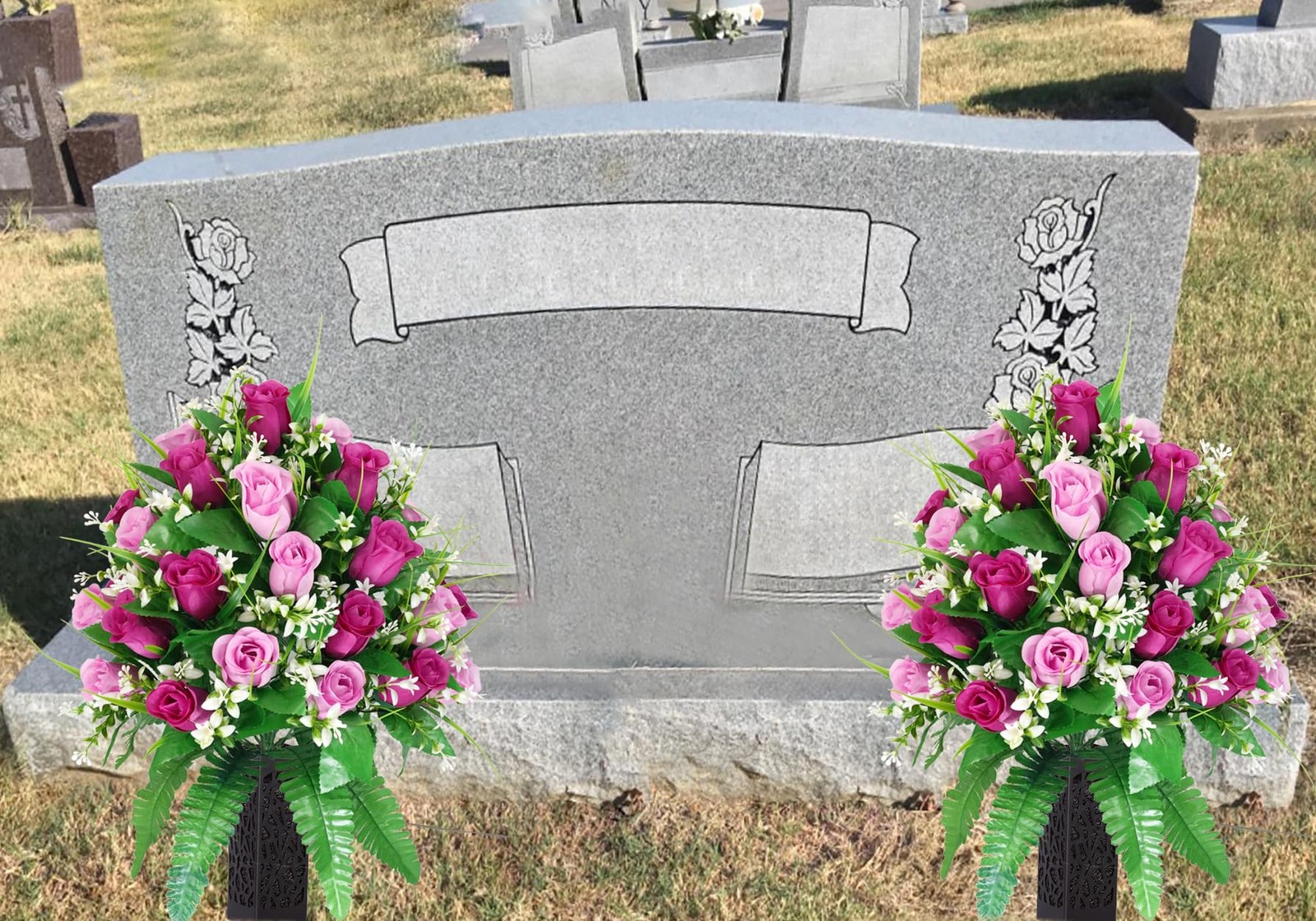 MOOMASS 2 Sets Artificial Cemetery Flowers, Purple and Pink Realistic Roses B…