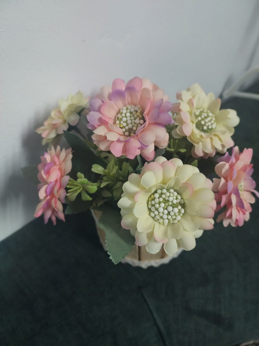 Rustic Artificial Flower Arrangement in Wooden Barrel Pot Farmhouse Decor