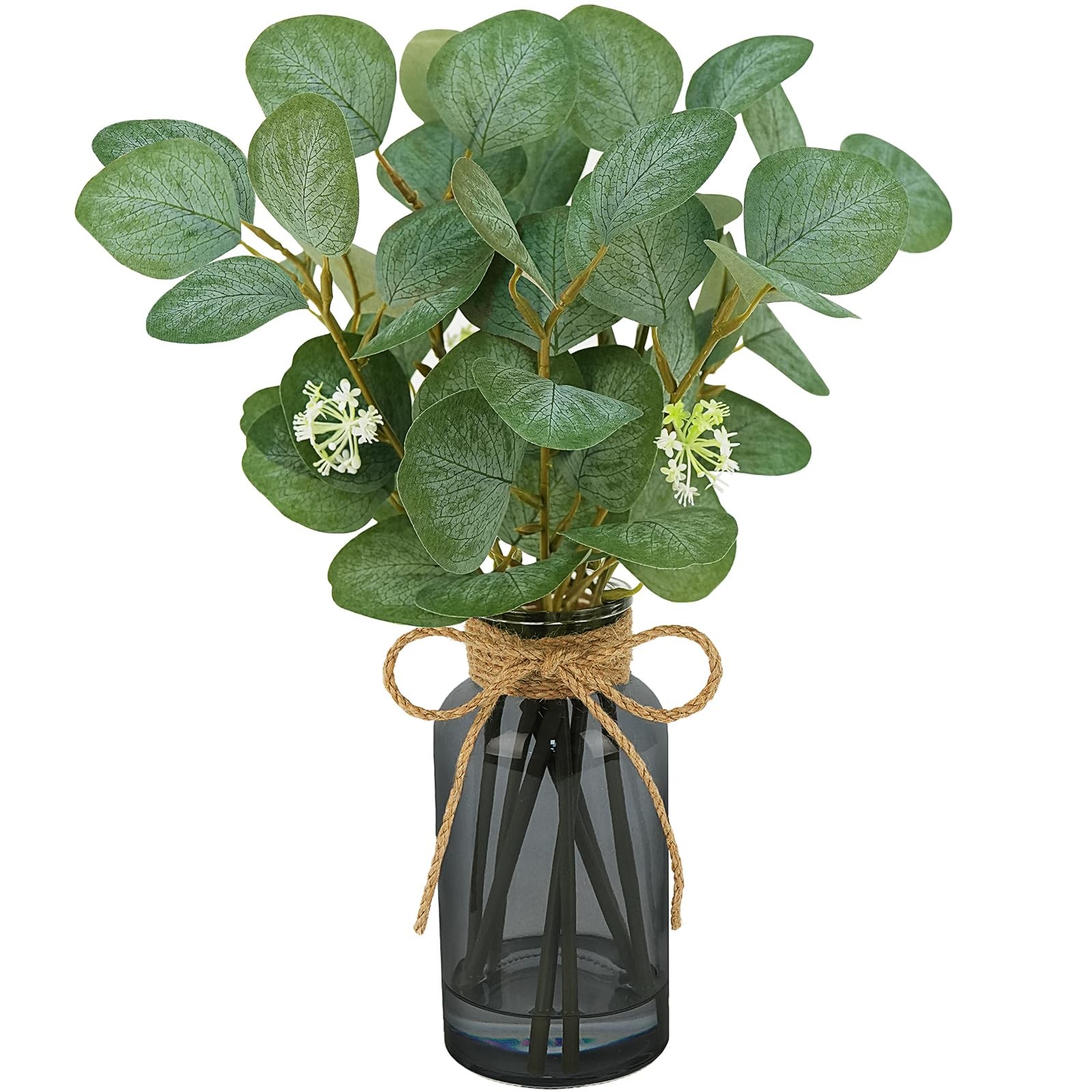 FOREST PRINCE Eucalyptus Stems in Black Vase 15″ Green Silk Decor