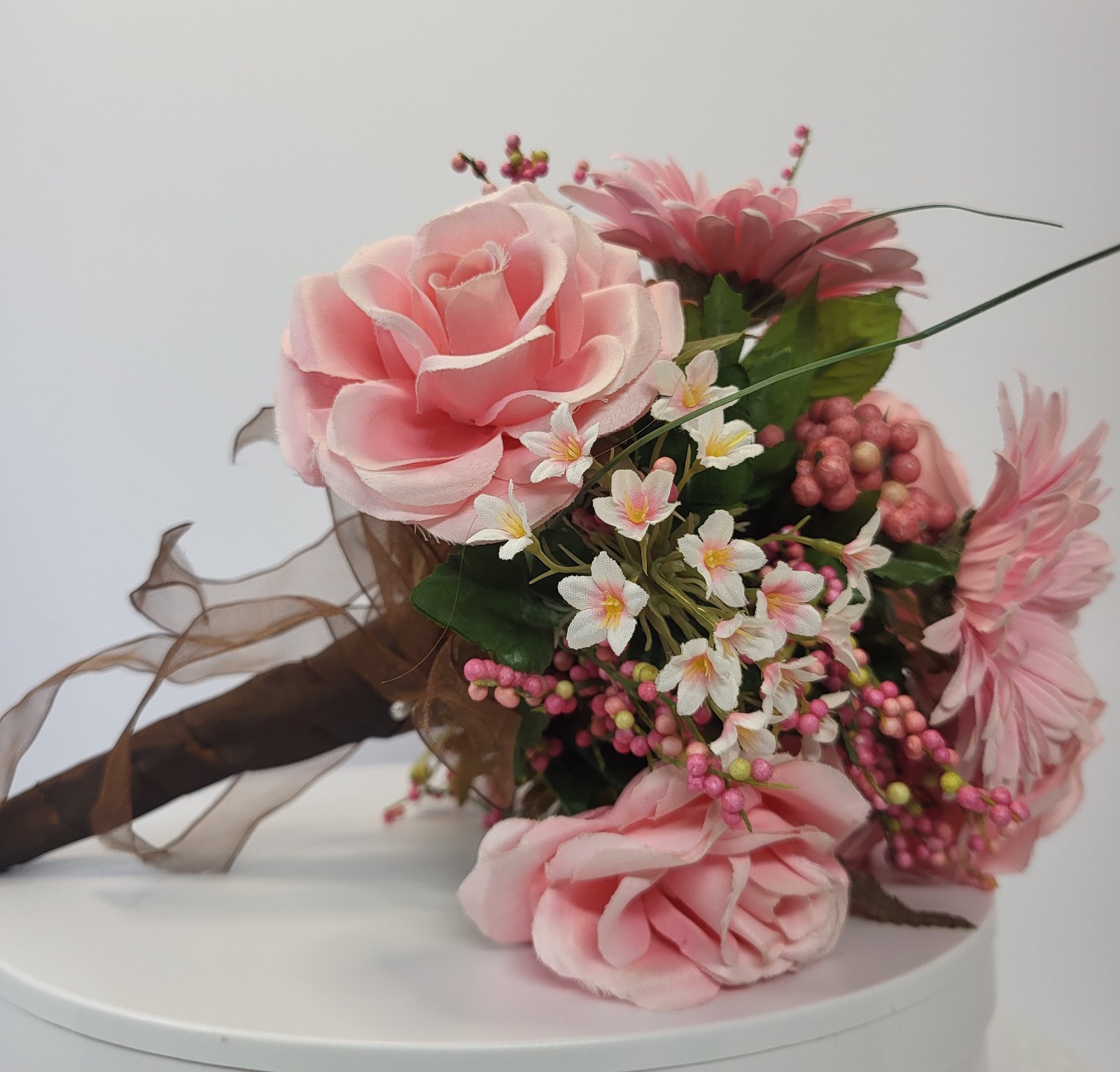 Artificial Pink Bouquet with Gerbera Daisies Roses Filler Berries Wrapped Stem