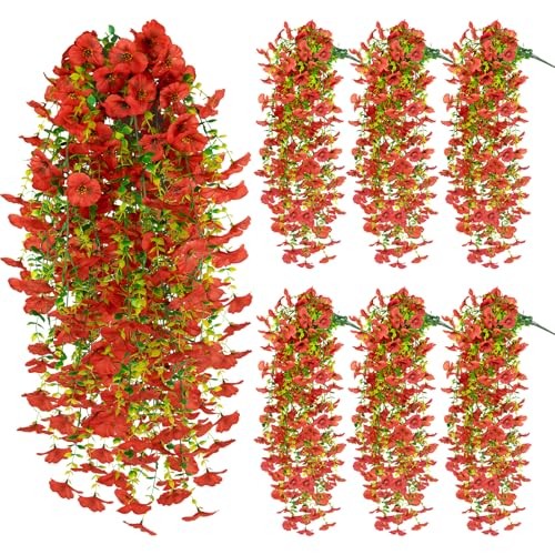 6 PCS Artificial Hanging Pansy Flowers, Silk Flowers for Outside, UV Red