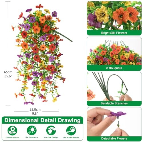 Artificial Hanging Flowers for Outdoor, 8PCS Fake A01 Purple+red+orange+yellow