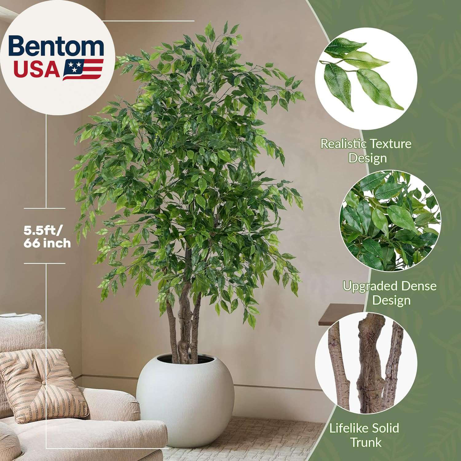Ficus Tree Artificial with Triple Trunks, 5.5Ft Fake Ficus Tree in Black Pot, Ta