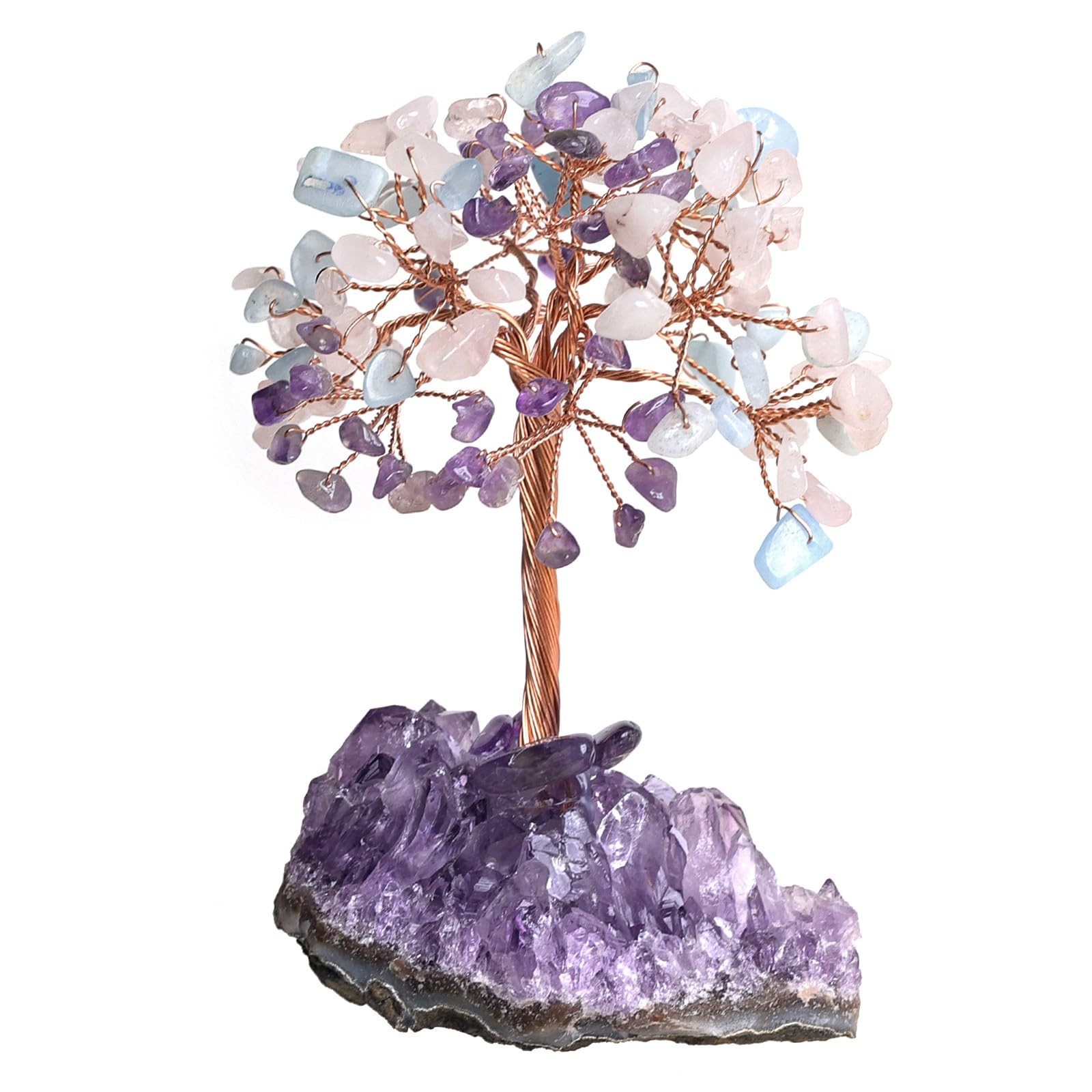 Crystal Copper Tree, Amethyst Base, Rose Quartz, Aquamarine, Fengshui, Decor